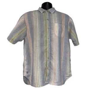 Tommy Bahama 100% Linen Shirt Men M Blue Striped Button Up Pocket Short Sleeve